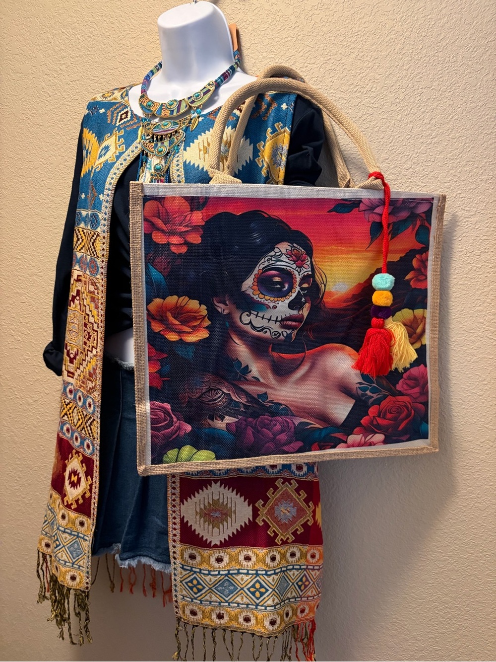 Floral Girl  Tote Bag with Tassel